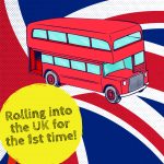 An advertisement showing a London bus against the background of the UK flag