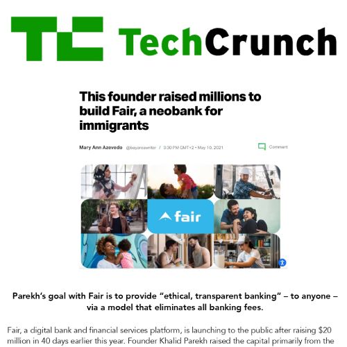 Screenshot of an article titled: This founder raised millions to build Fair, a neobank for immigrants