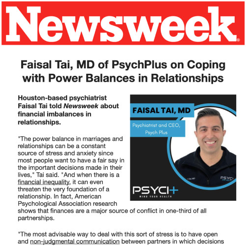 Screenshot of an article titled: Faisal Tai, MD of PsychPlus on Coping with Power Balances in Relationship