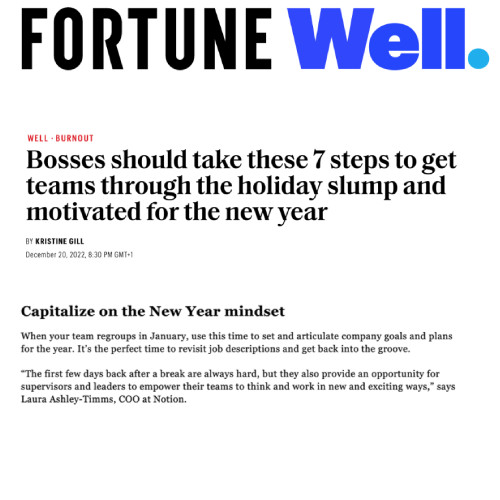 Screenshot of an article titled: Bosses should take this 7 steps to get teams through the holiday slump and motivated for the new year