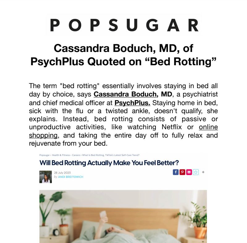 Screenshot of article Cassandra Boduch, MD, of PsychPlus Quoted on 