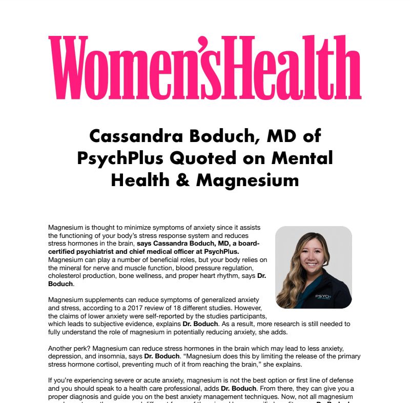 Screenshot of article Cassandra Boduch, MD of PsychPlus Quoted on Mental Health & Magnesium in Women's Health